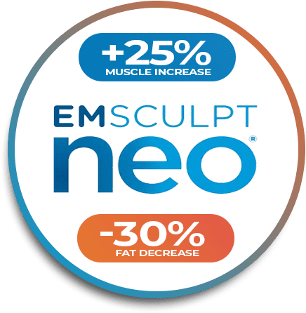 Emsculpt Neo Badge Showing A 25% Increase In Muscle And A 30% Decrease In Fat.