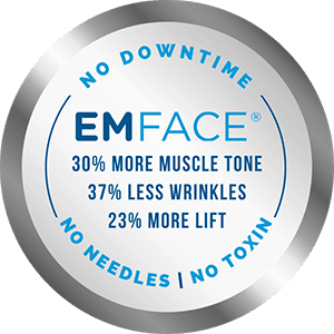 Emface Badge Showing No Downtime, Needles, Or Toxins With 30% More Muscle Tone, 37% Less Wrinkles, And 23% More Lift.