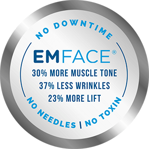 Emface Badge Showing No Downtime, Needles, Or Toxins With 30% More Muscle Tone, 37% Less Wrinkles, And 23% More Lift.